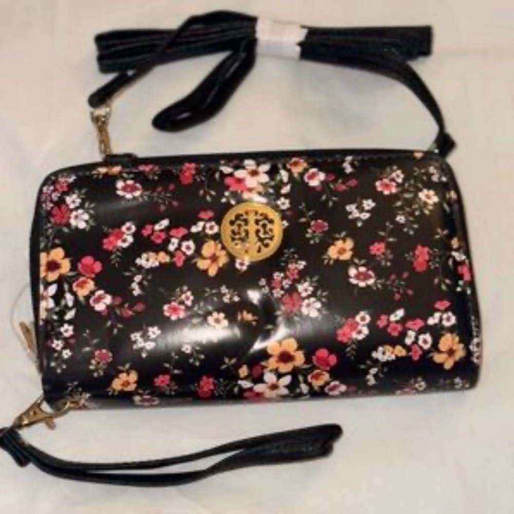 Elegant Black Floral Wristlet Crossbody Bag